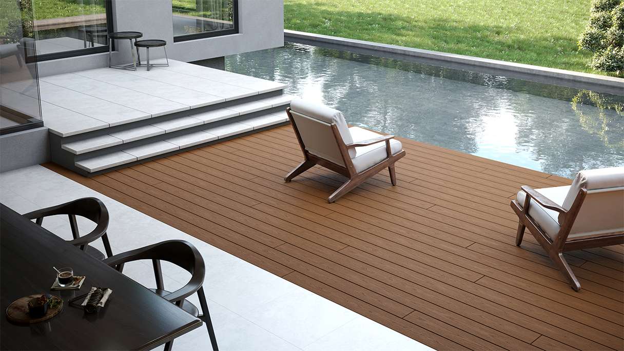planeo CoEXWood WPC solid coated decking board - Sand/Caramel 3m structured