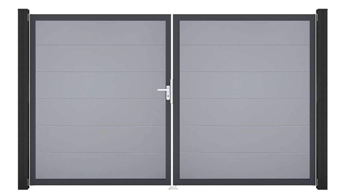 planeo Gardence Simply – 2-leaf PVC gate in silver-grey with aluminium frame