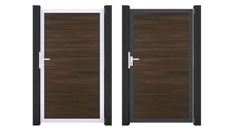 planeo Gardence Strong – BPC Universal Gate, Walnut co-ex with aluminium frame, 100 x 180 cm