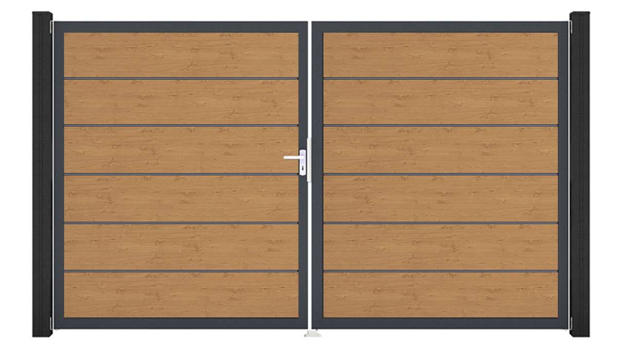 planeo Gardence Simply Premium – 2-panel PVC gate in natural knotty oak finish with aluminium frame, 300 x 180 cm