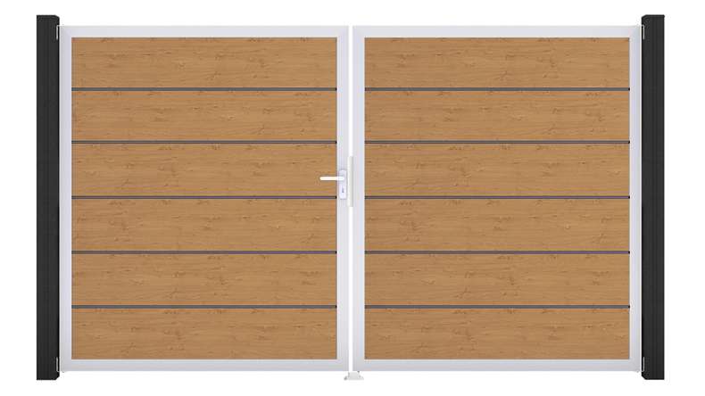 planeo Gardence Simply Premium – 2-panel PVC gate in natural knotty oak finish with aluminium frame, 300 x 180 cm
