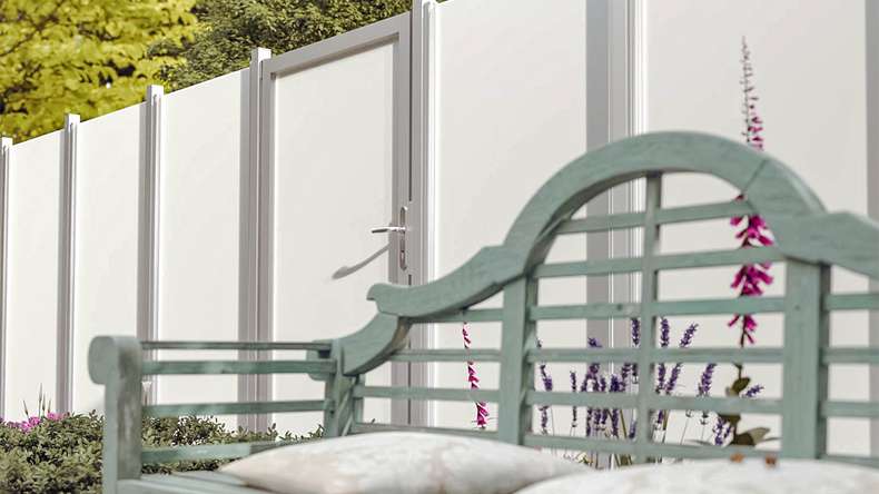 planeo Ambiente - glass privacy gate DIN left satin with aluminium frame 100 x 180 cm