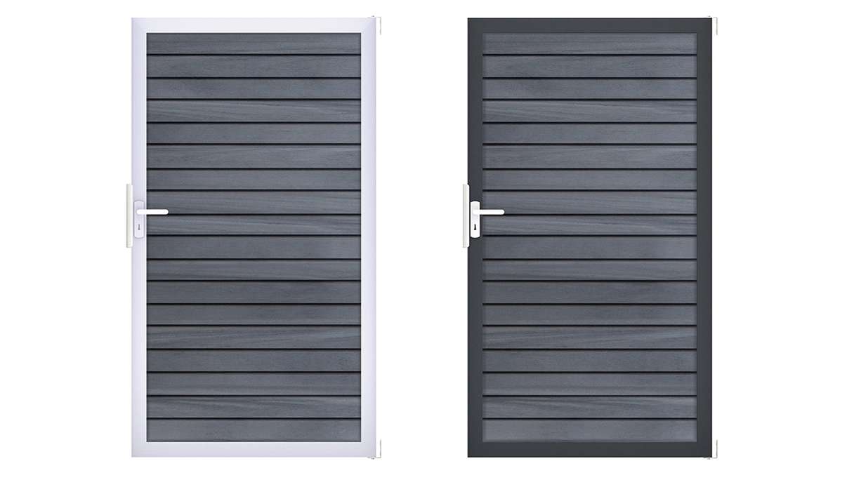 planeo Gardence Trendy – BPC Rhombus Universal Gate – Stone Grey, co-extruded with aluminium frame, 100 x 180 x 4 cm