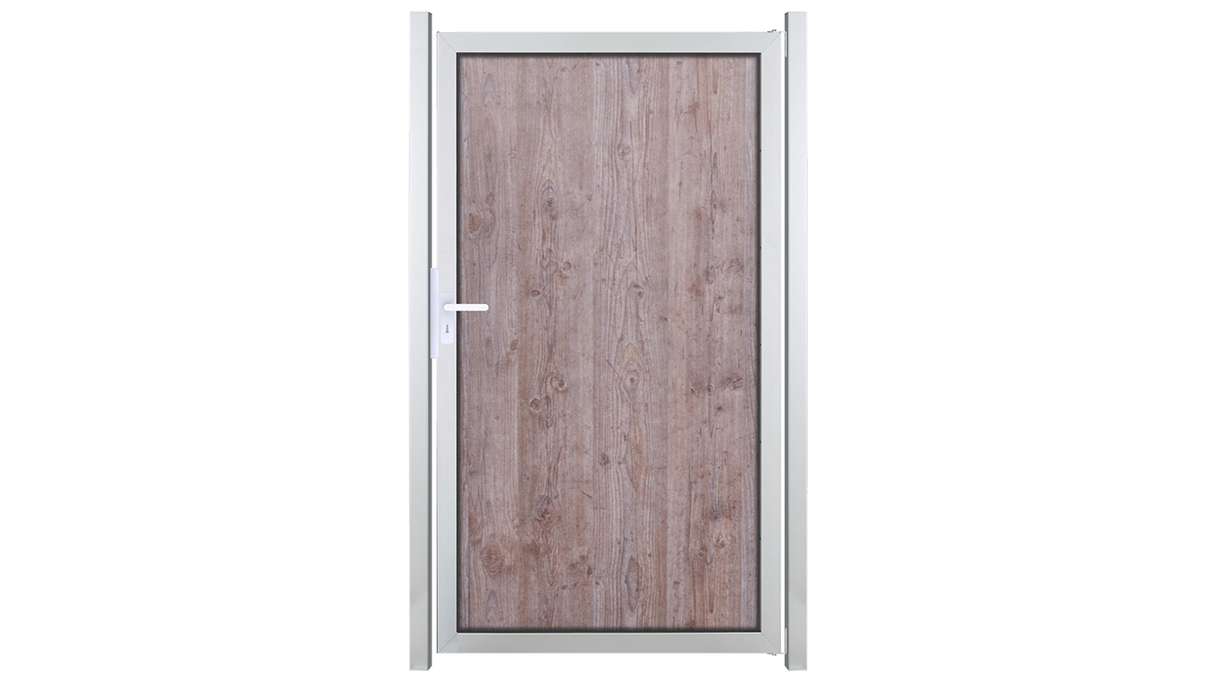planeo Gardence Resistant – HPL privacy screen gate in a wood-effect finish with aluminium frame