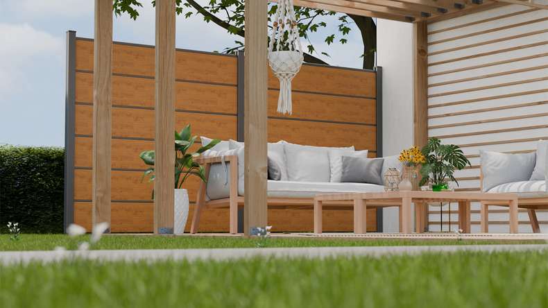 planeo Gardence Simply Premium - PVC plug-in fence natural knotty oak with pilaster strips in anthracite 180 x 180 cm