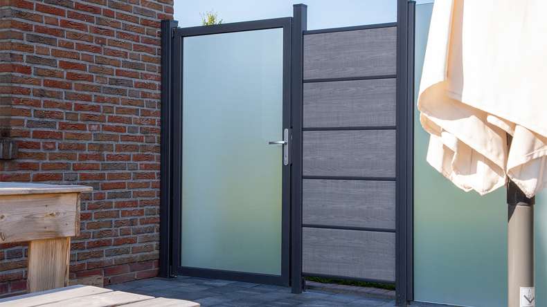 planeo Ambiente - glass privacy gate DIN left satin with anthracite aluminium frame 100 x 180 cm