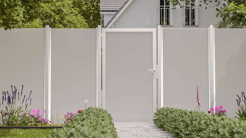 planeo Ambiente - glass privacy gate DIN left satin with aluminium frame 100 x 180 cm