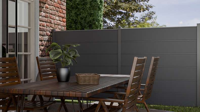 planeo Gardence Simply Premium - PVC plug-in fence anthracite grey with pilaster strips in anthracite 180 x 180 cm