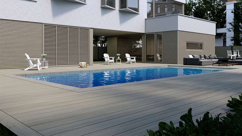 planeo MAXLine Nature - WPC CoEx coated XL decking board hollow chamber - light grey 3m textured/smooth brushed