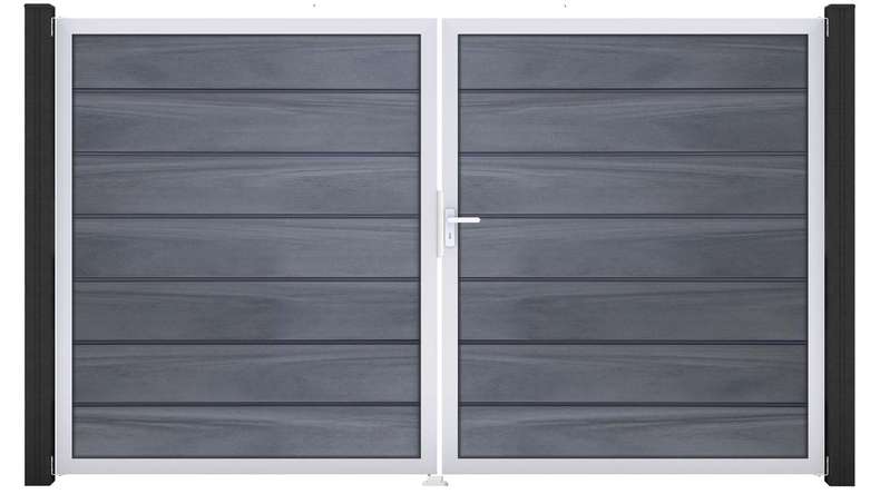 planeo Gardence Deluxe – BPC gate – double-leaf, stone grey co-ex with aluminium frame 