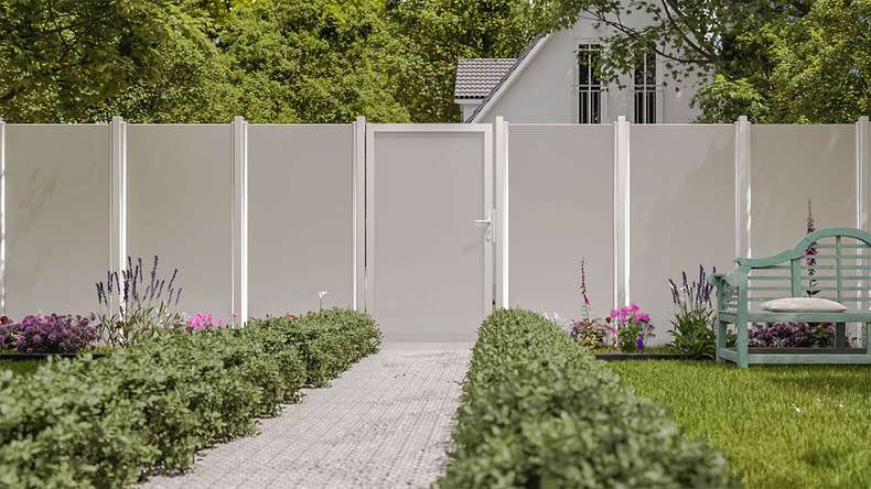 planeo Ambiente - glass privacy gate DIN left satin with aluminium frame 100 x 180 cm