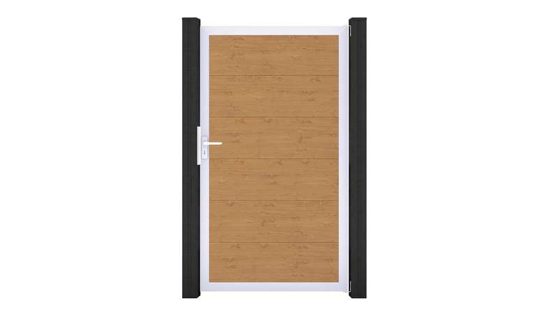 planeo Basic - PVC plug-in fence universal gate natural aspen oak with aluminium frame in silver | EV1 100 x 180 cm