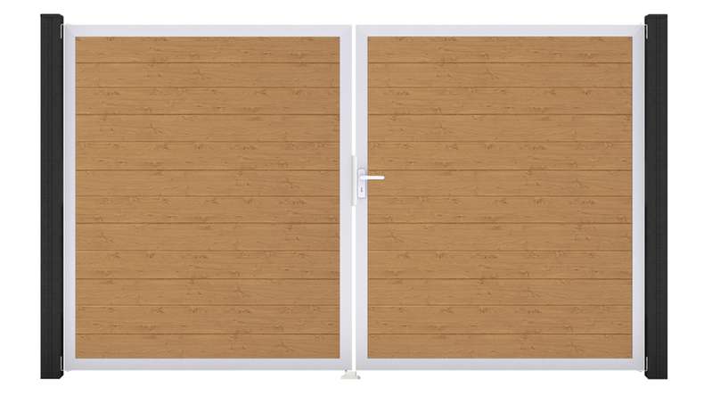 planeo Gardence Simply Small - PVC door - DIN right 2-leaf natural knotty oak with silver aluminium frame | EV1 300 x 180 cm