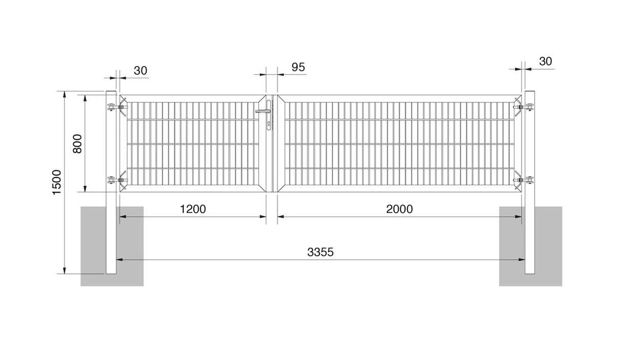 planeo universal door heavy 2-leaf asymmetric hot-dip galvanised H 800 x W 3200 incl. gateposts