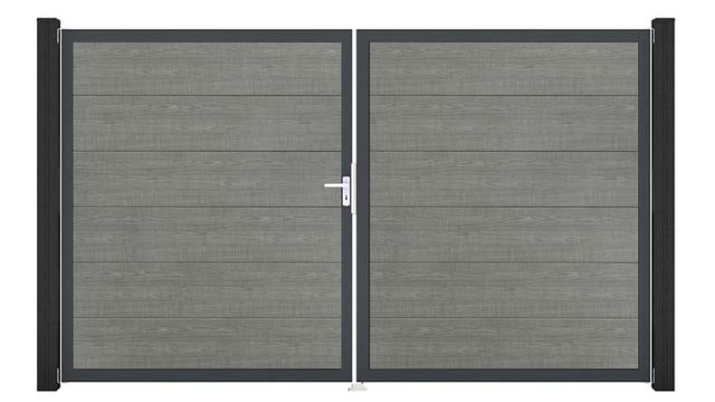 planeo Gardence Simply – 2-leaf PVC gate in Grey Ash Cut with aluminium frame 