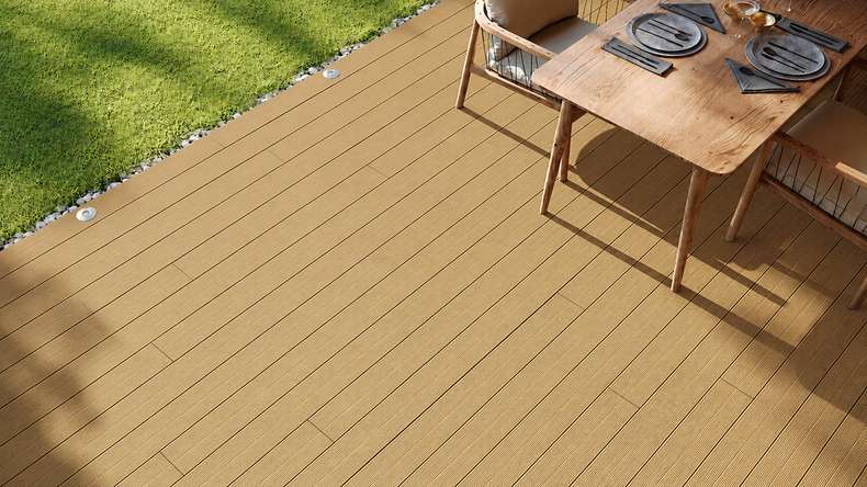 planeo LineWood Solid WPC Decking Board – Earth Brown, 3m, tongue and groove
