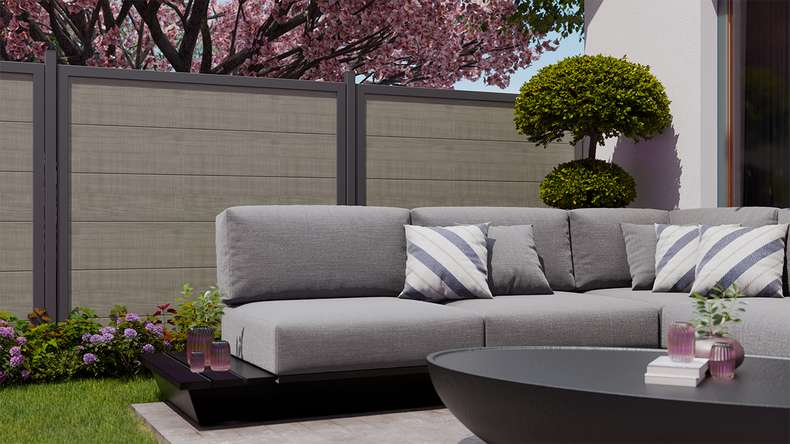 planeo Gardence Simply Guard - PVC garden fence Grey Ash Cut with aluminium frame in anthracite 180 x 180 cm