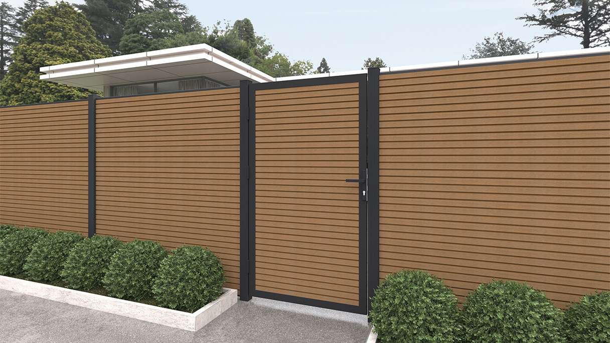 planeo LINEA - WPC CoEx Rhombus universal door Burma teak with anthracite aluminium frame 100 x 180 cm