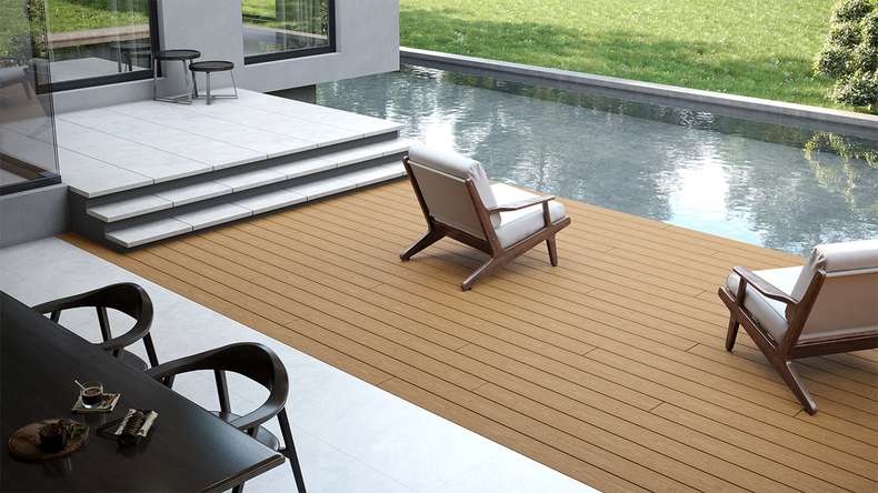 planeo CoEXWood WPC solid coated decking board - Sand/Caramel 4.8m structured