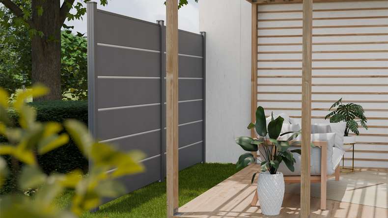 planeo Gardence Simply Premium - PVC plug-in fence anthracite grey with pilaster strips in anthracite 180 x 180 cm