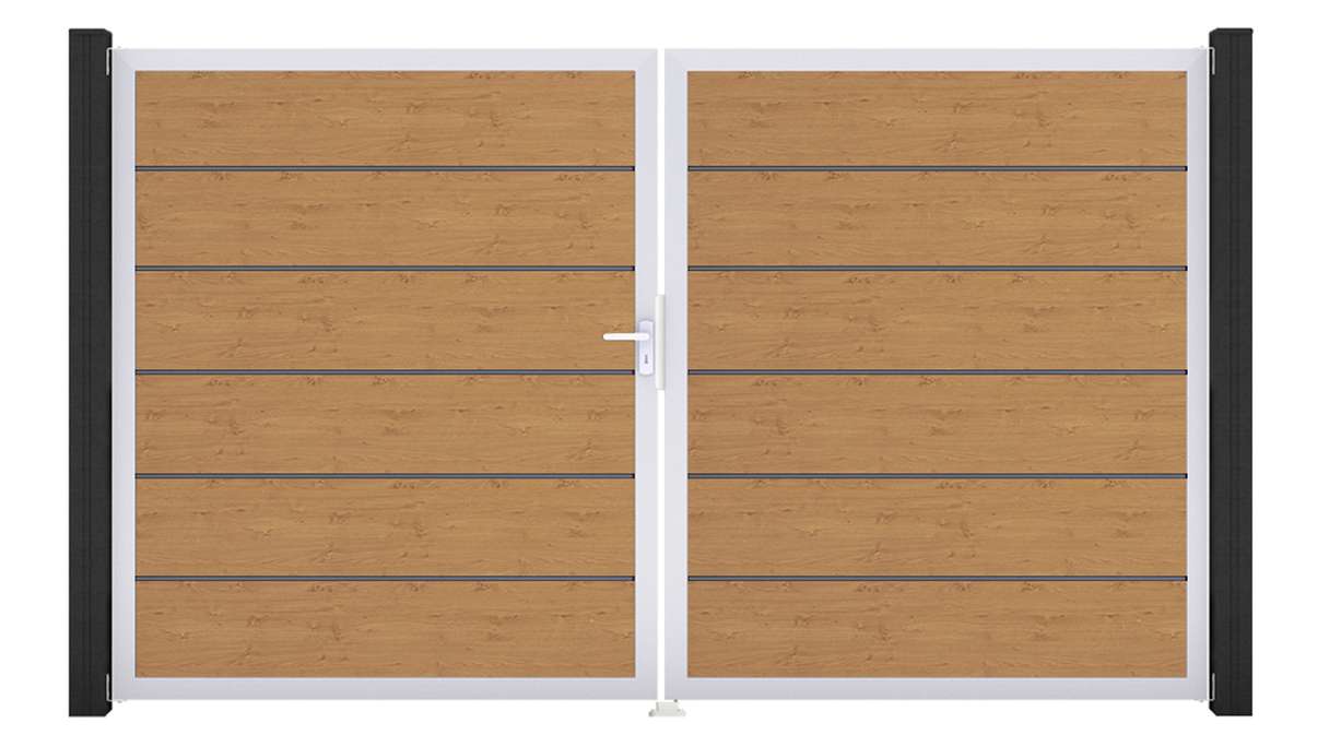 planeo Gardence Simply Premium – 2-panel PVC gate in natural knotty oak finish with aluminium frame, 300 x 180 cm