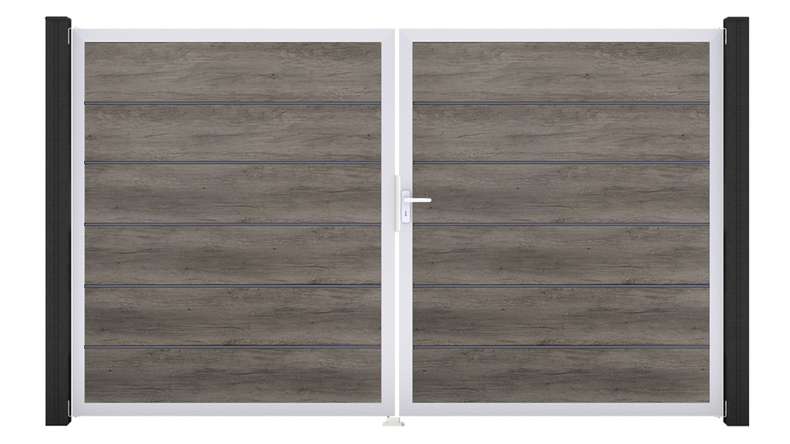 planeo Gardence Simply Premium – 2-panel PVC gate in Monument Oak with aluminium frame, 300 x 180 cm