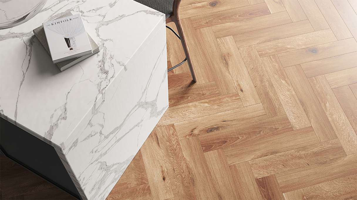 planeo Rigid Klick Vinyl - SolutionX 2in1 Herringbone Oak Natural Rustic | Impact sound insulation integrated (ECF-HB-0755)