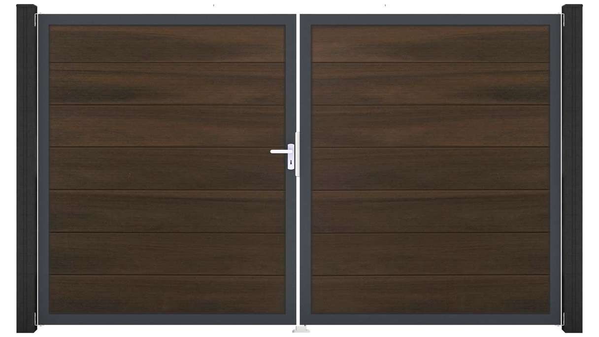 planeo Gardence Strong XL – BPC gate – double-leaf, walnut co-ex with aluminium frame