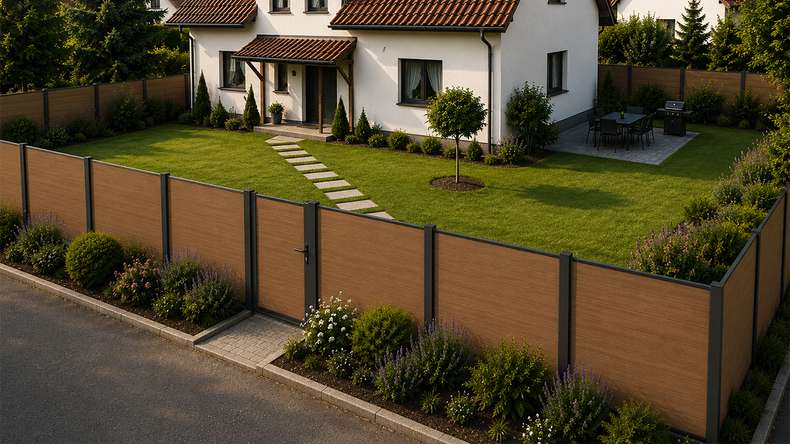 planeo INFINITY XL-Board - WPC CoEx plug-in fence Burma Teak 176 x 183