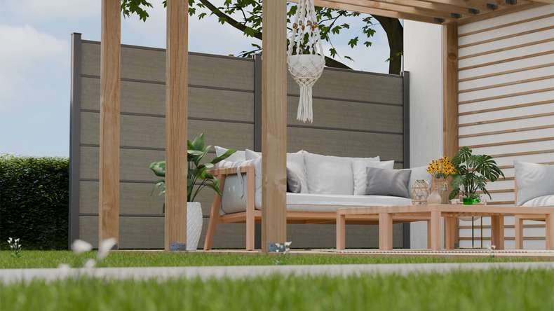 planeo Gardence Simply Premium - PVC plug-in fence Grey Ash Cut with pilaster strips in anthracite 180 x 180 cm
