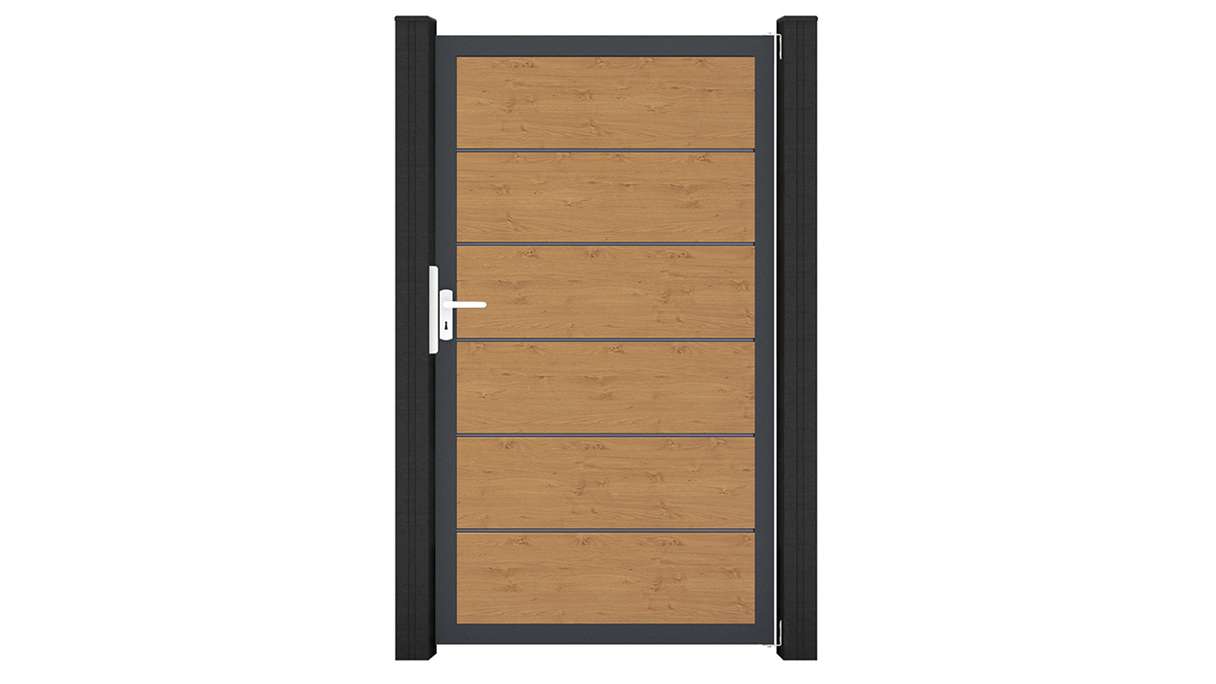 planeo Gardence Simply Premium – Universal PVC gate in natural knotty oak with aluminium frame, 100 x 180 cm
