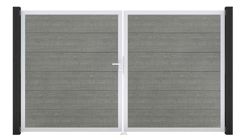 planeo Gardence Simply – 2-leaf PVC gate in Grey Ash Cut with aluminium frame 