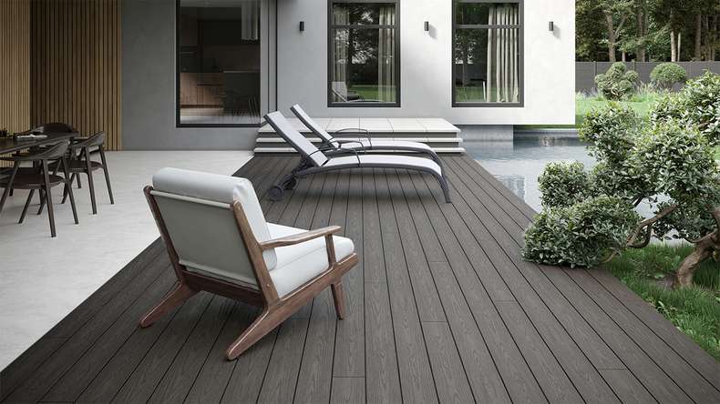 planeo CoEXWood WPC solid coated decking board - Grey/Cement 3m structured