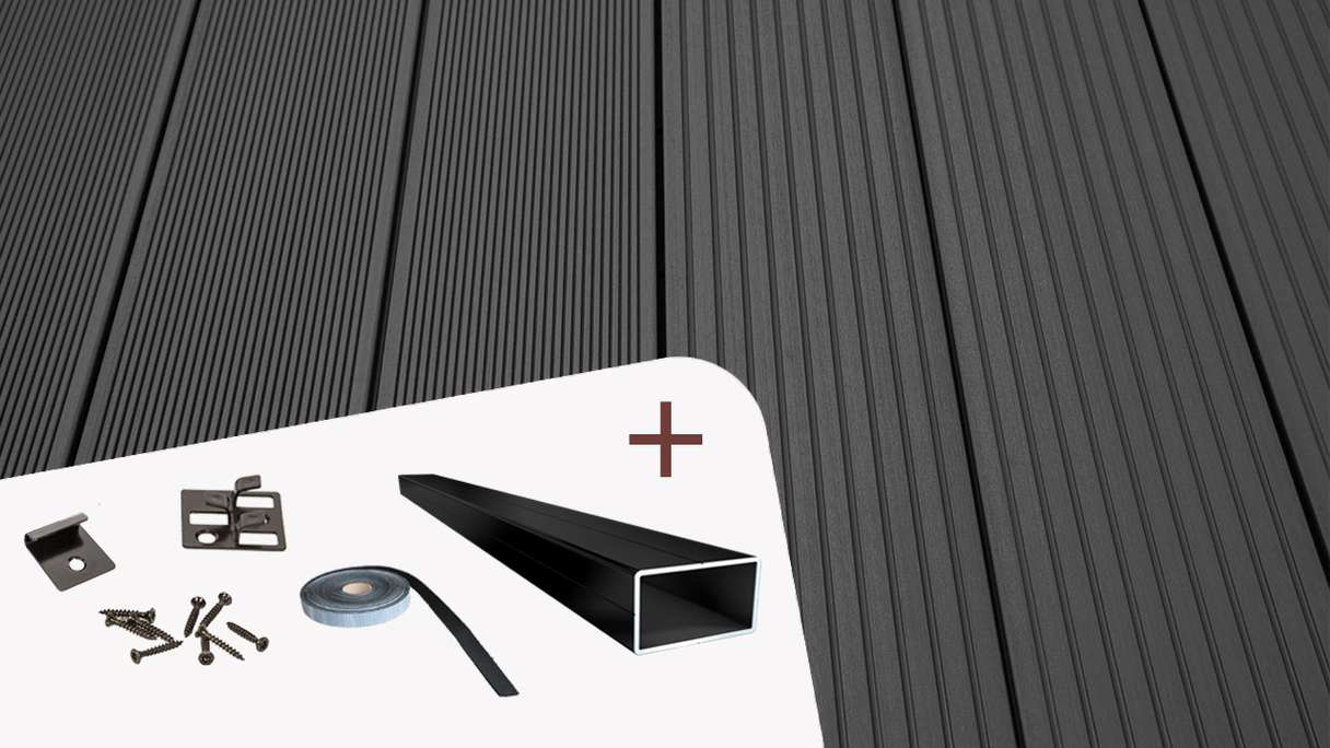 Complete set TitanWood 3m solid plank grooved structure dark grey 30.4m² incl. Alu-UK