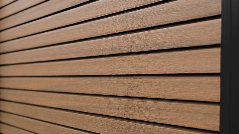 planeo LINEA - WPC CoEx Rhombus plug-in fence Burma Teak 176 x 183 cm