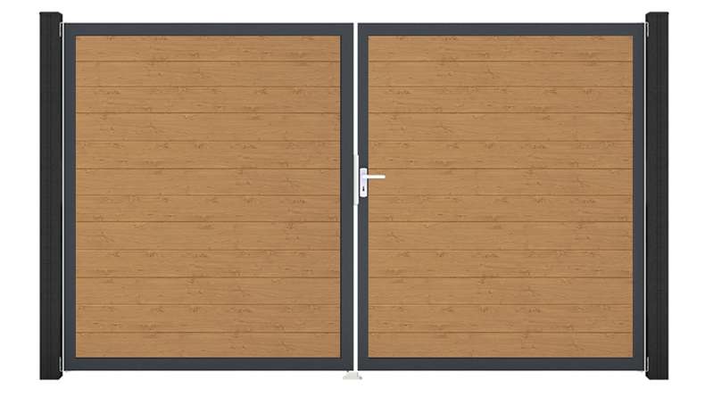 planeo Gardence Simply Small – 2-panel PVC gate in natural knotty oak finish with aluminium frame, 300 x 180 cm