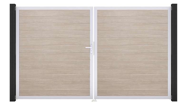planeo Gardence Simply Small – 2-panel PVC gate in Sheffield Oak with aluminium frame, 300 x 180 cm
