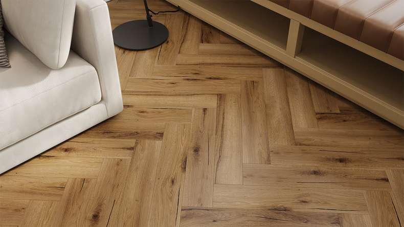planeo Rigid click vinyl - Brown Oak herringbone | integrated footfall sound insulation (DF-KH-351-055)