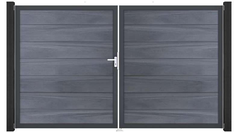 planeo Gardence Strong XL – BPC gate – double-leaf, stone grey co-extruded with aluminium frame 