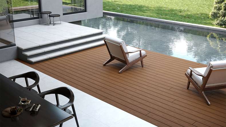planeo CoEXWood WPC solid coated decking board - Sand/Caramel 4.8m structured