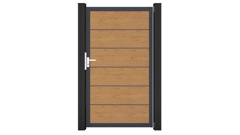 planeo Gardence Simply Premium – Universal PVC gate in natural knotty oak with aluminium frame, 100 x 180 cm