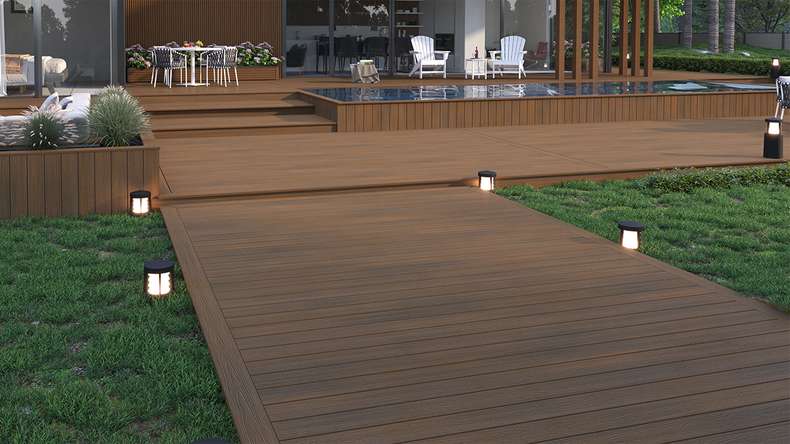 planeo WOODLine Nature - WPC CoEx coated decking board hollow chamber - Burma teak 3m textured/smooth brushed