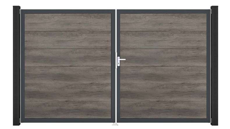 planeo Gardence Simply – 2-panel PVC gate in Monument Oak with aluminium frame