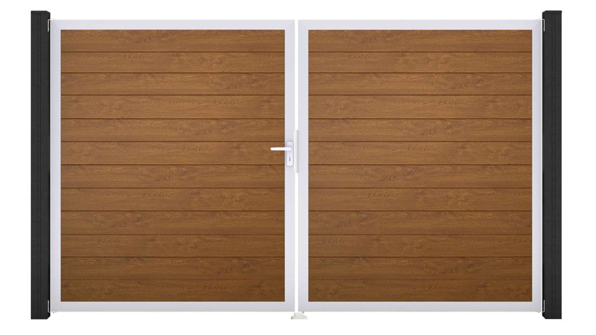 planeo Gardence Simply Small – 2-panel PVC gate in Golden Oak with aluminium frame, 300 x 180 cm