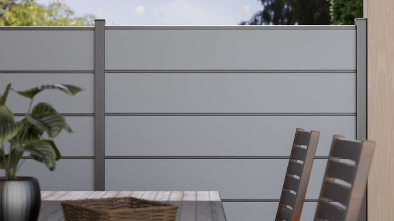planeo Gardence Simply Premium - PVC plug-in fence silver-grey with pilaster strips in anthracite 180 x 180 cm