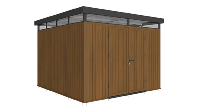 planeo WPC CoEx Flat-Roof Garden Shed L – Burma Teak 300 x 292 x 226.5 cm
