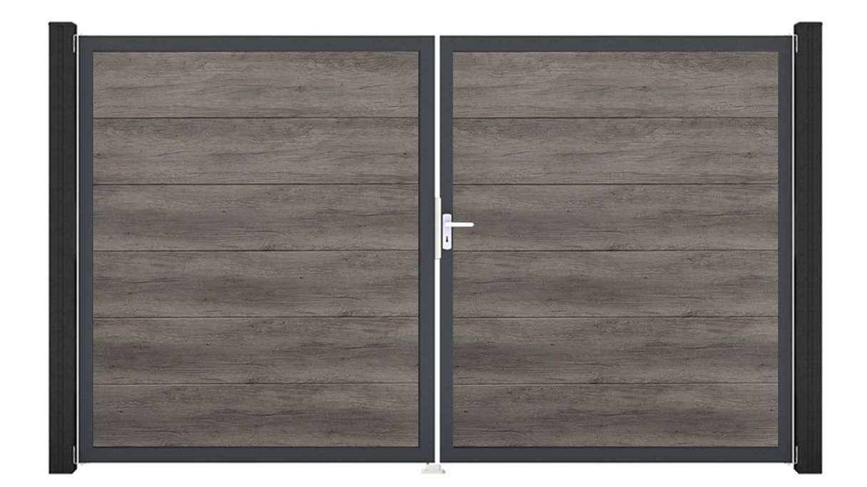 planeo Gardence Simply – 2-panel PVC gate in Monument Oak with aluminium frame 