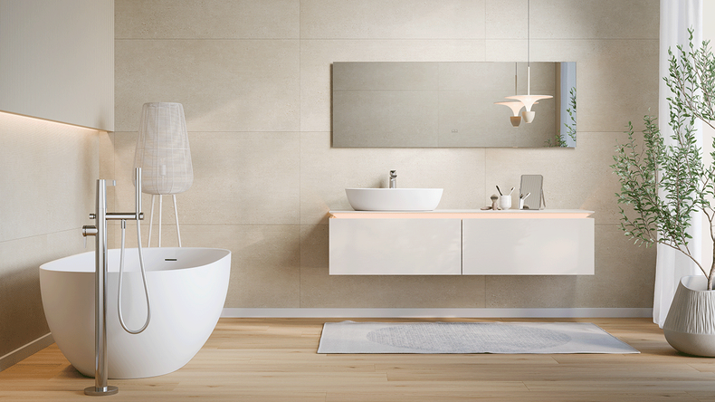 planeo SPC wall panelling – CeraRock Tile Stripes Concrete Tan XL 280 x 117.5 cm
