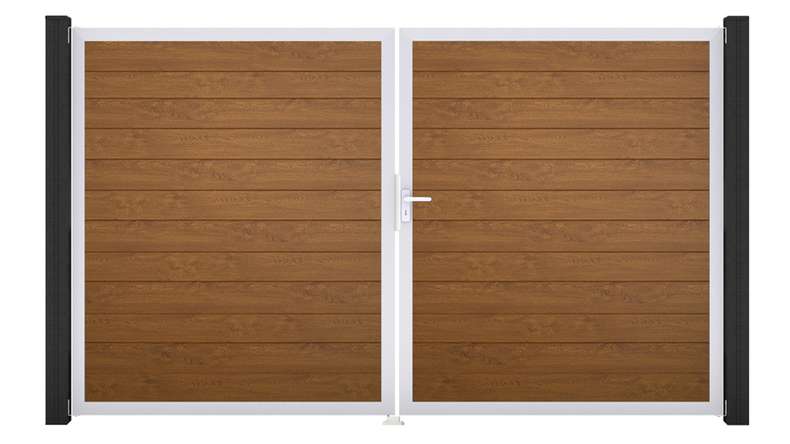 planeo Gardence Simply Small - PVC door - DIN right 2-leaf Golden Oak with silver aluminium frame | EV1 300 x 180 cm