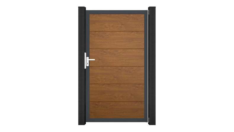 planeo Gardence Simply – Golden Oak universal PVC gate with aluminium frame, 100 x 180 cm